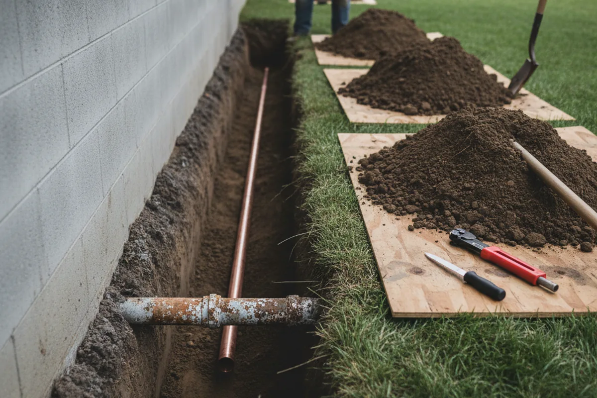 Excavated water line trench during Water Softener Installation in Coloma